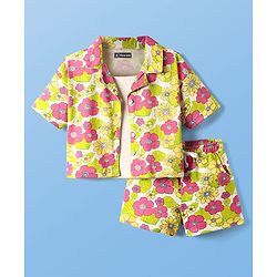 Pine Kids Single Jersey Knit Half Sleeves Top & Shorts Set With Floral Print & Inner Top - Light Green