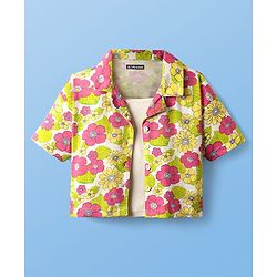 Pine Kids Single Jersey Knit Half Sleeves Top & Shorts Set With Floral Print & Inner Top - Light Green