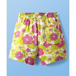 Pine Kids Single Jersey Knit Half Sleeves Top & Shorts Set With Floral Print & Inner Top - Light Green
