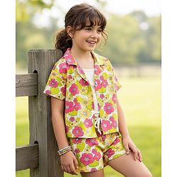 Pine Kids Single Jersey Knit Half Sleeves Top & Shorts Set With Floral Print & Inner Top - Light Green