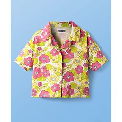 Pine Kids Single Jersey Knit Half Sleeves Top & Shorts Set With Floral Print & Inner Top - Light Green