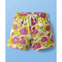 Pine Kids Single Jersey Knit Half Sleeves Top & Shorts Set With Floral Print & Inner Top - Light Green