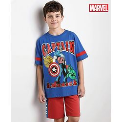 Pine Kids Marvel Single Jersey Knit Half Sleeves Drop Shoulder Cut & Sew Short Sets With Avengers Graphic - Red & Blue