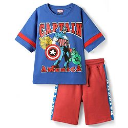 Pine Kids Marvel Single Jersey Knit Half Sleeves Drop Shoulder Cut & Sew Short Sets With Avengers Graphic - Red & Blue