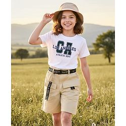 Pine Kids Single Jersey Knit Half Sleeves T-Shirt & Shorts Set with Text Print & Belt - White & Olive Green
