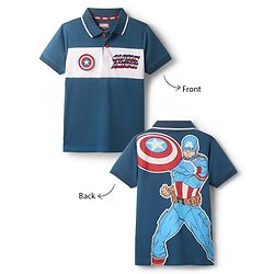Pine Kids Marvel Single Jersey Knit Half Sleeves Polo T-Shirt With Front & Back Avengers Graphics - Navy Blue