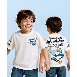 Pine Kids Disney Terry Knit Oversized Drop Shoulder Half Sleeves T-Shirt With Front And Back Aladin Graphics - White