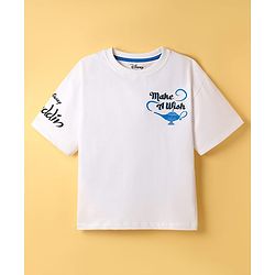Pine Kids Disney Terry Knit Oversized Drop Shoulder Half Sleeves T-Shirt With Front And Back Aladin Graphics - White