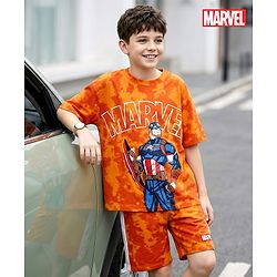Pine Kids Marvel Single Jersey Knit Half Drop Shoulder Sleeves T-Shirt & Cut & Sew Shorts Set With Avengers Graphics Badge & Tie & Dye Detailing - Orange