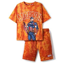Pine Kids Marvel Single Jersey Knit Half Drop Shoulder Sleeves T-Shirt & Cut & Sew Shorts Set With Avengers Graphics Badge & Tie & Dye Detailing - Orange