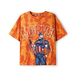 Pine Kids Marvel Single Jersey Knit Half Drop Shoulder Sleeves T-Shirt & Cut & Sew Shorts Set With Avengers Graphics Badge & Tie & Dye Detailing - Orange