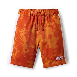 Pine Kids Marvel Single Jersey Knit Half Drop Shoulder Sleeves T-Shirt & Cut & Sew Shorts Set With Avengers Graphics Badge & Tie & Dye Detailing - Orange
