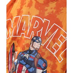 Pine Kids Marvel Single Jersey Knit Half Drop Shoulder Sleeves T-Shirt & Cut & Sew Shorts Set With Avengers Graphics Badge & Tie & Dye Detailing - Orange
