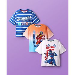 Pine Kids Marvel Single Jersey Knit Half Drop Shoulder Sleeves Oversized T-Shirts with Avengers Graphics & Stripes Pack of 3 - Blue White & Orange