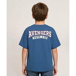 Pine Kids Marvel Single Jersey Knit Drop Shoulder Half Sleeves Oversized T-Shirt With Front & Back Avengers Graphics & Gold Foil Detailing - Blue