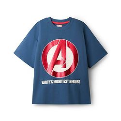 Pine Kids Marvel Single Jersey Knit Drop Shoulder Half Sleeves Oversized T-Shirt With Front & Back Avengers Graphics & Gold Foil Detailing - Blue