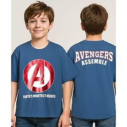 Pine Kids Marvel Single Jersey Knit Drop Shoulder Half Sleeves Oversized T-Shirt With Front & Back Avengers Graphics & Gold Foil Detailing - Blue