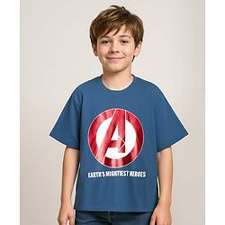 Pine Kids Marvel Single Jersey Knit Drop Shoulder Half Sleeves Oversized T-Shirt With Front & Back Avengers Graphics & Gold Foil Detailing - Blue