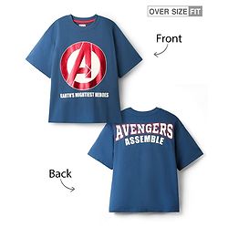 Pine Kids Marvel Single Jersey Knit Drop Shoulder Half Sleeves Oversized T-Shirt With Front & Back Avengers Graphics & Gold Foil Detailing - Blue