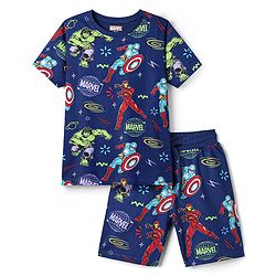 Pine Kids Marvel Single Jersey Knit Half Sleeves Co-ords Shorts Night Suit With Avengers Print - Navy Blue
