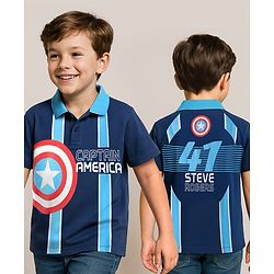 Pine Kids Marvel Terry Knit Half Sleeves Polo T-Shirt With Front And Back Avenger Iron Man Graphics - Blue