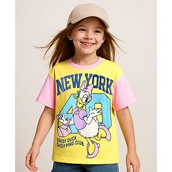 Pine Kids Disney Single Jersey Knit Half Drop Shoulder Sleeves Oversized T-Shirt with Daisy Duck Graphics - Yellow