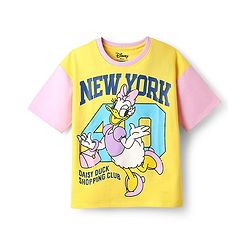 Pine Kids Disney Single Jersey Knit Half Drop Shoulder Sleeves Oversized T-Shirt with Daisy Duck Graphics - Yellow