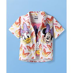 Pine Kids Disney Cotton Woven Half Sleeves Shirt with Singlet Sleeve Inner Tee & Mickey Mouse Print - White & Pink