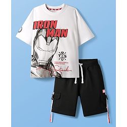 Pine Kids Marvel Single Jersey Knit Half Drop Shoulder Sleeves T-Shirt & Shorts Set With Iron Man Graphics Pocket & Tape Detailing - White & Black