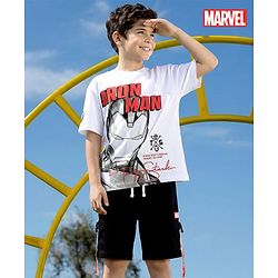 Pine Kids Marvel Single Jersey Knit Half Drop Shoulder Sleeves T-Shirt & Shorts Set With Iron Man Graphics Pocket & Tape Detailing - White & Black