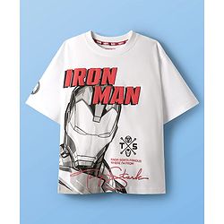 Pine Kids Marvel Single Jersey Knit Half Drop Shoulder Sleeves T-Shirt & Shorts Set With Iron Man Graphics Pocket & Tape Detailing - White & Black