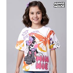 Pine Kids Disney Single Jersey Knit Half Drop Shoulder Sleeves Oversized T-Shirt with Front & Back Minnie & Friends Graphics - White