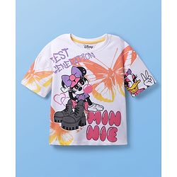 Pine Kids Disney Single Jersey Knit Half Drop Shoulder Sleeves Oversized T-Shirt with Front & Back Minnie & Friends Graphics - White