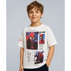 Pine Kids Marvel Terry Knit Oversized Drop Shoulder Half Sleeves T-Shirt With Spider-man Graphics And Badge Detailing - White