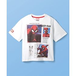 Pine Kids Marvel Terry Knit Oversized Drop Shoulder Half Sleeves T-Shirt With Spider-man Graphics And Badge Detailing - White