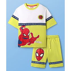 Pine Kids Marvel Terry Knit Half Drop Shoulder Sleeves Cut & Sew Oversized T-Shirt & Shorts Set With Spider-Man Graphics - Multicolor