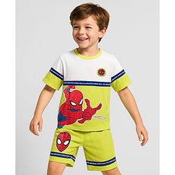 Pine Kids Marvel Terry Knit Half Drop Shoulder Sleeves Cut & Sew Oversized T-Shirt & Shorts Set With Spider-Man Graphics - Multicolor