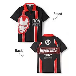 Pine Kids Marvel Terry Knit Half Sleeves Polo T-Shirt With Front And Back Avenger Iron Man Graphics - Red & Black