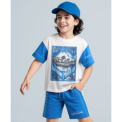 Pine Kids Disney 100% Cotton Oversized Drop Shoulder Half Sleeves T-Shirt & Shorts Set With Lion King Graphics - Blue