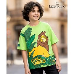 Pine Kids Disney Terry Knit Half Drop Shoulder Sleeves Oversized T-Shirt with Lion King Graphics - Light Green
