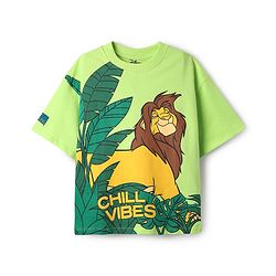 Pine Kids Disney Terry Knit Half Drop Shoulder Sleeves Oversized T-Shirt with Lion King Graphics - Light Green