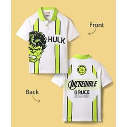 Pine Kids Marvel Terry Knit Half Sleeves Polo T-Shirt With Front And Back Avenger Hulk Graphics - White & Green