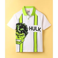 Pine Kids Marvel Terry Knit Half Sleeves Polo T-Shirt With Front And Back Avenger Hulk Graphics - White & Green