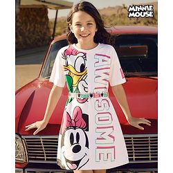 Pine Kids Disney Terry Knit Oversize Drop Shoulder Half Sleeves Cut & Sew Sweatshirt Dress with Minnie and Friends Graphics - White