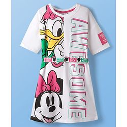 Pine Kids Disney Terry Knit Oversize Drop Shoulder Half Sleeves Cut & Sew Sweatshirt Dress with Minnie and Friends Graphics - White