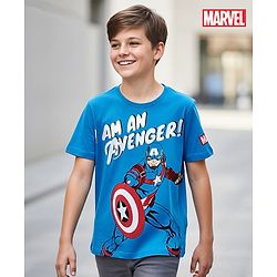 Pine Kids Marvel Single Jersey Knit Half Sleeve T-Shirt With Avenger Graphics And Badge Detailing - Blue