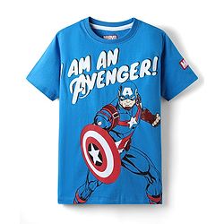 Pine Kids Marvel Single Jersey Knit Half Sleeve T-Shirt With Avenger Graphics And Badge Detailing - Blue