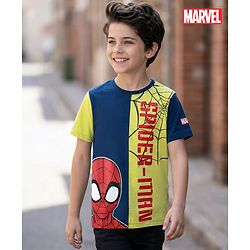 Pine Kids Marvel Single Jersey Knit Half Sleeves Cut & Sew T-Shirt with Spider Man Graphics - Navy Blue & Light Green