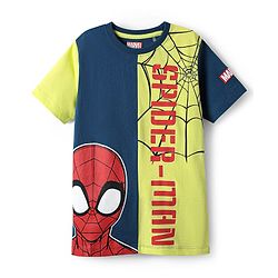 Pine Kids Marvel Single Jersey Knit Half Sleeves Cut & Sew T-Shirt with Spider Man Graphics - Navy Blue & Light Green