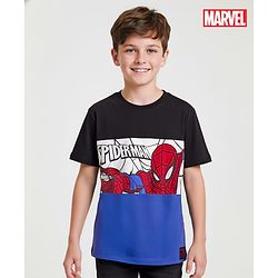 Pine Kids Marvel Single Jersey Knit Half Sleeve Cut & Sew T-Shirt With Spider Man Graphics - Blue & Black